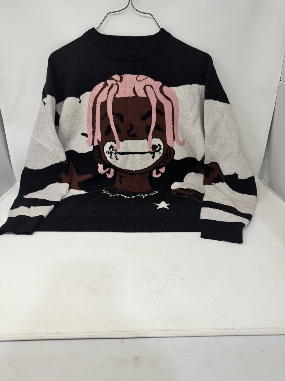 Lil uzi Black Knit Sweater with Pink & Cream Pattern men’s size medium preowned